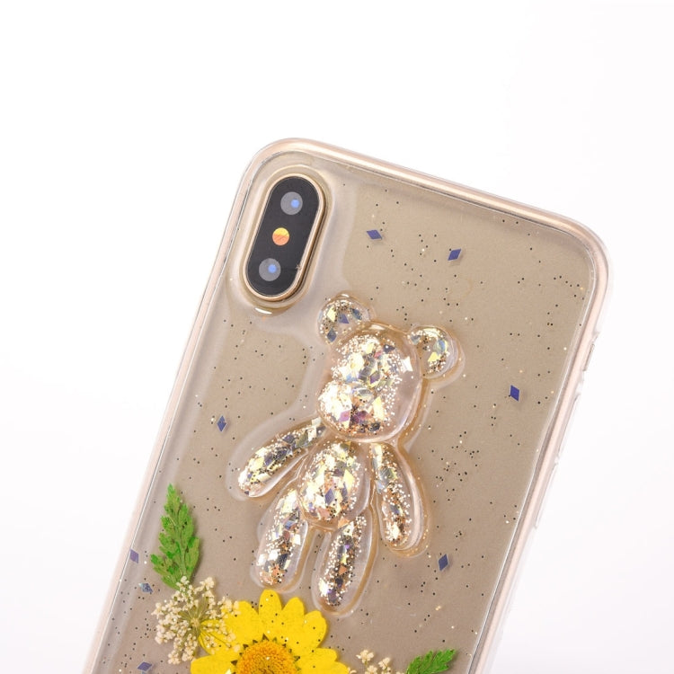 For iPhone X / XS Epoxy Dripping Pressed Real Dried Flower + Bear Pattern Soft Protective Case