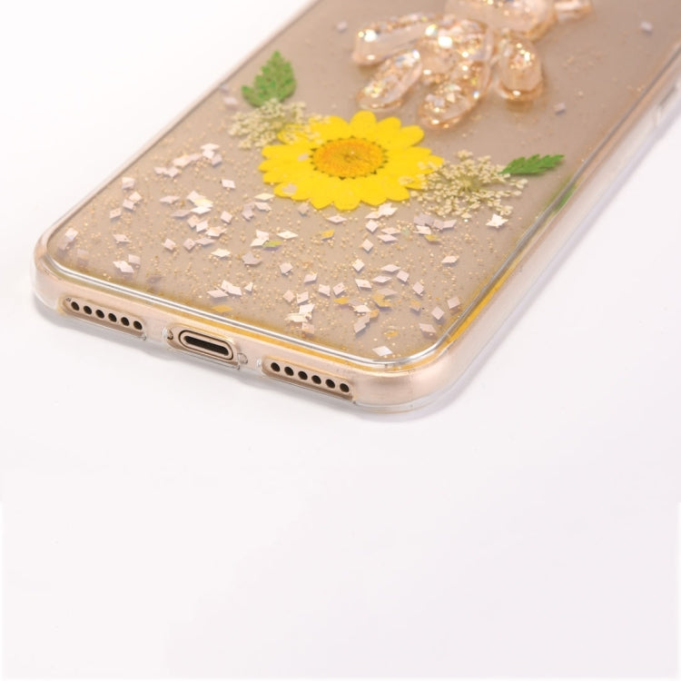 For iPhone X / XS Epoxy Dripping Pressed Real Dried Flower + Bear Pattern Soft Protective Case