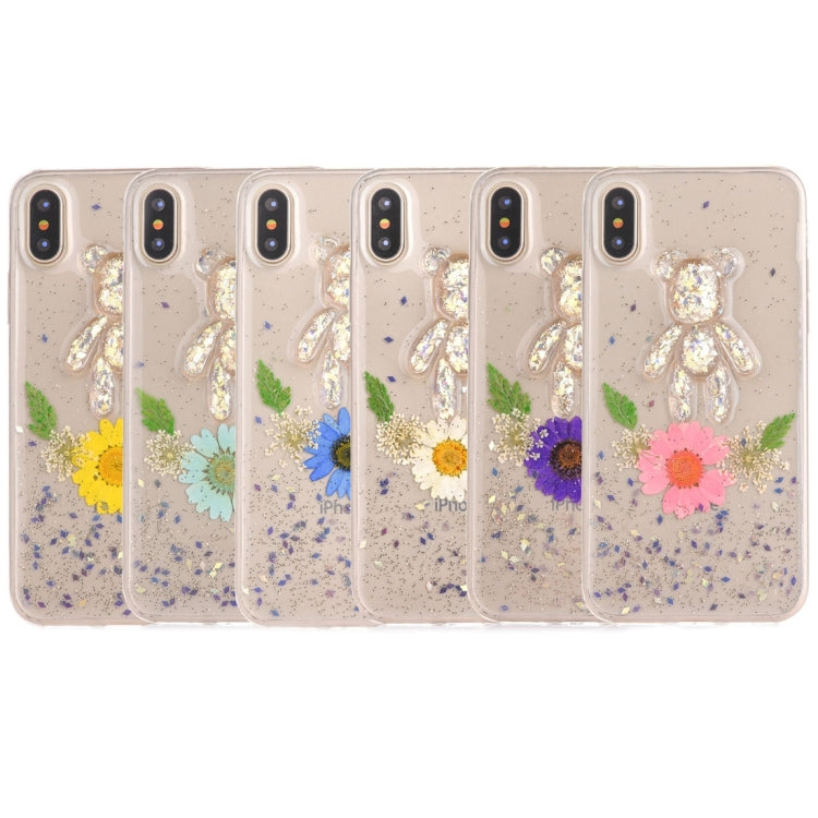 For iPhone X / XS Epoxy Dripping Pressed Real Dried Flower + Bear Pattern Soft Protective Case