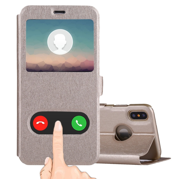 For iPhone X / XS Silk Texture Horizontal Flip Leather Case with Call Display ID & Sleep / Wake-up Function & Holder