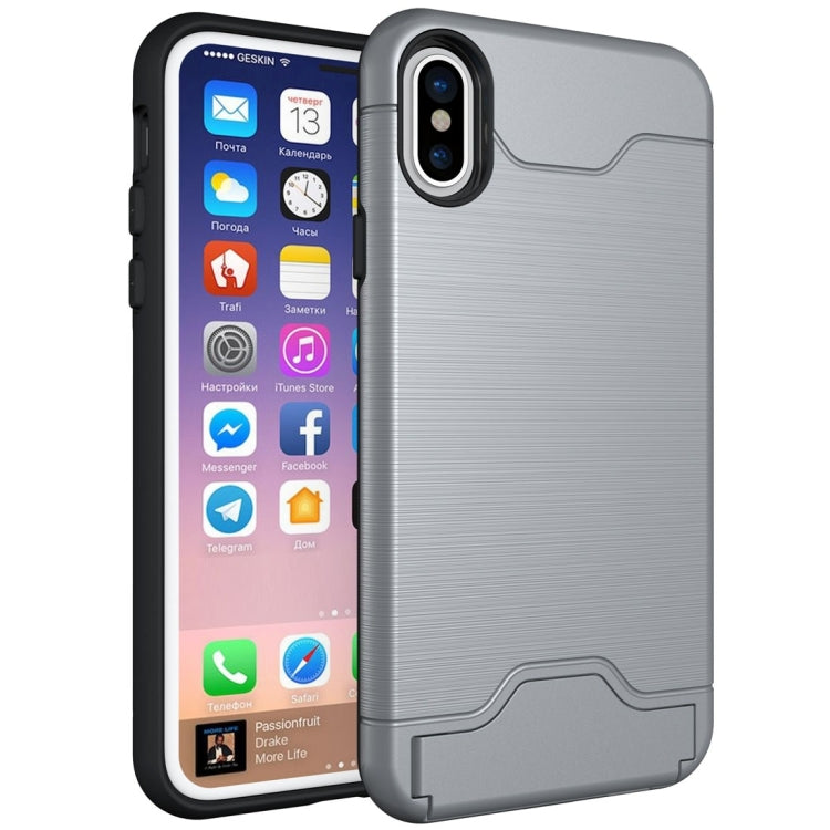 For iPhone X / XS Brushed Texture Protective Back Cover Case with Holder & Card Slot