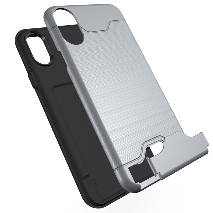 For iPhone X / XS Brushed Texture Protective Back Cover Case with Holder & Card Slot