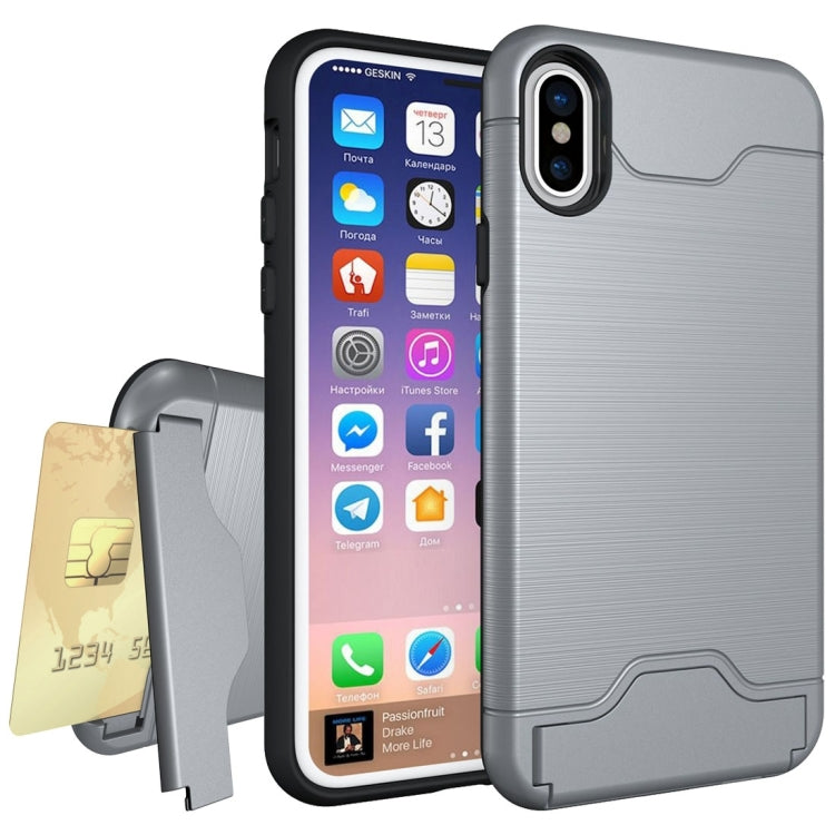 For iPhone X / XS Brushed Texture Protective Back Cover Case with Holder & Card Slot