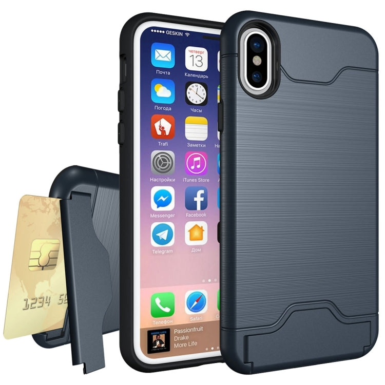 For iPhone X / XS Brushed Texture Protective Back Cover Case with Holder & Card Slot