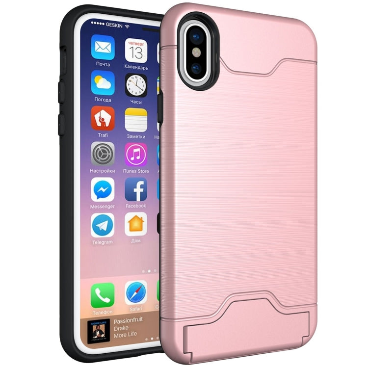 For iPhone X / XS Brushed Texture Protective Back Cover Case with Holder & Card Slot