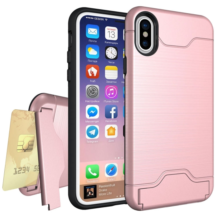 For iPhone X / XS Brushed Texture Protective Back Cover Case with Holder & Card Slot