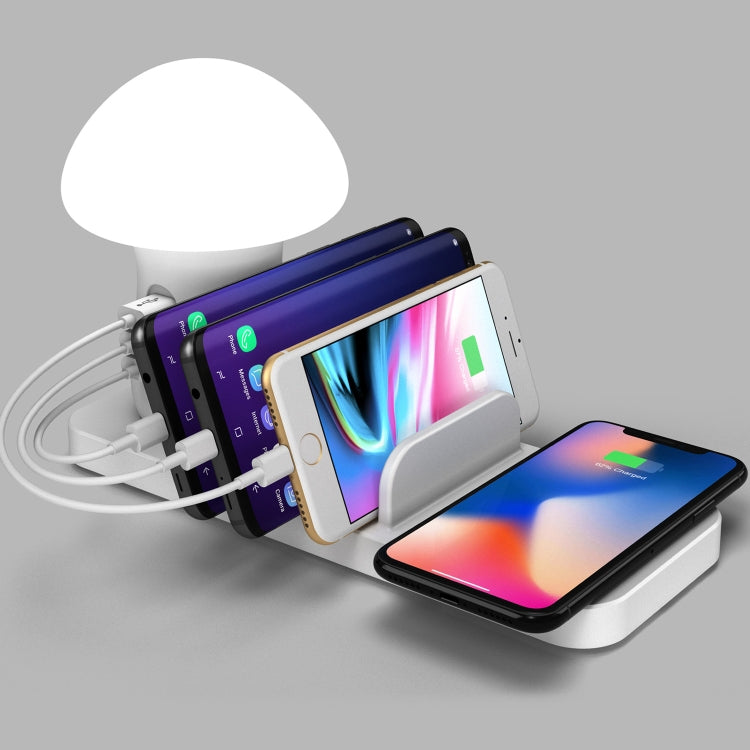 HQ-UD12 Universal 4 in 1 40W QC3.0 3 USB Ports + Wireless Charger Mobile Phone Charging Station with Mushroom Shape LED Light, Length: 1.2m, AU Plug(White)