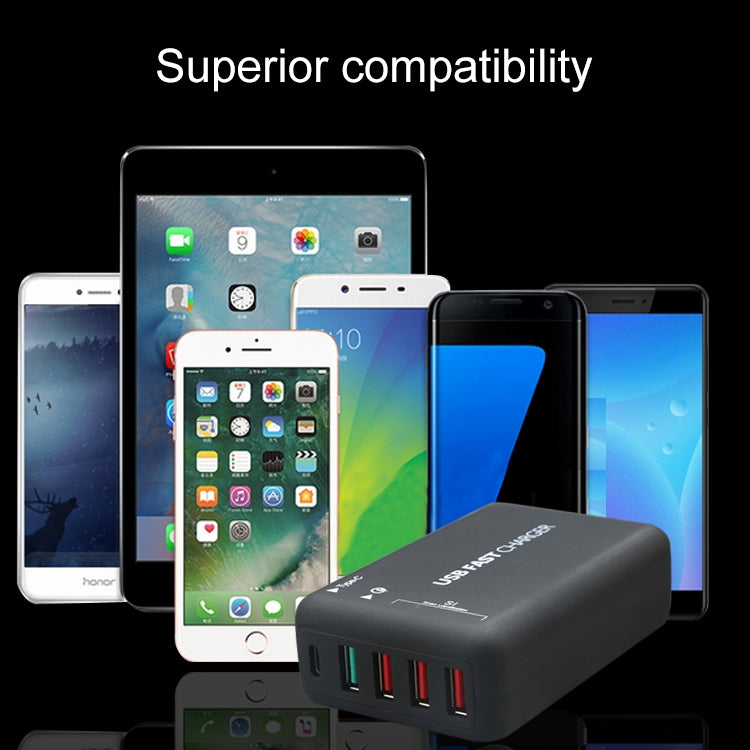 30W 3 x USB + QC3.0 + USB-C / Type-C Fast Charging Station Smart Charger AC100-240V