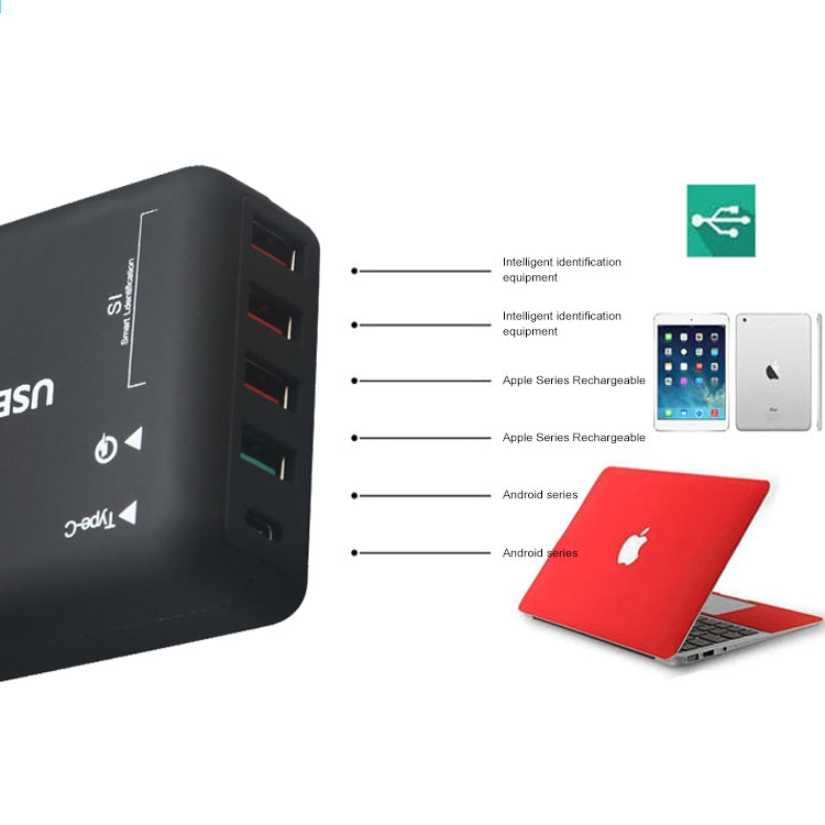 30W 3 x USB + QC3.0 + USB-C / Type-C Fast Charging Station Smart Charger AC100-240V