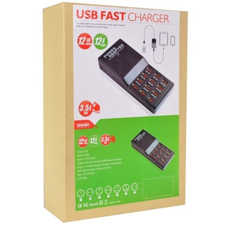W-858 12A 12 Ports USB Fast Charging Dock Desktop Smart Charger AC100-240V, AU Plug (Black)
