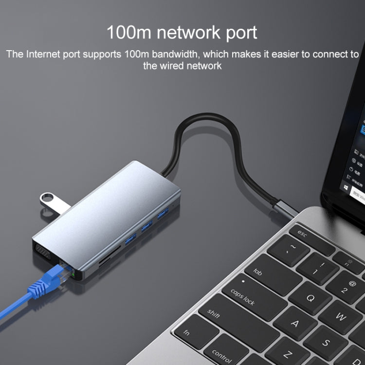 12 in 1 RJ45 + 100W PD + SD/TF + USB3.0x5+ HDMI + VGA + 3.5mm AUX to Type-C HUB Adapter