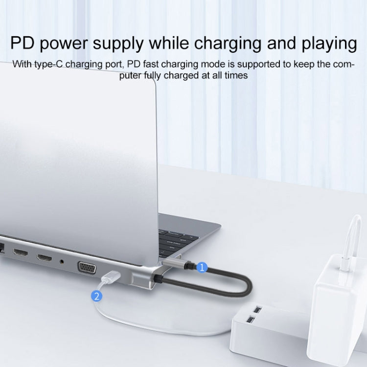12 in 1 RJ45 + 87W PD + SD/TF + USB3.0x2 + HDMIx2 + VGA + 3.5mm AUX to Type-C HUB Adapter