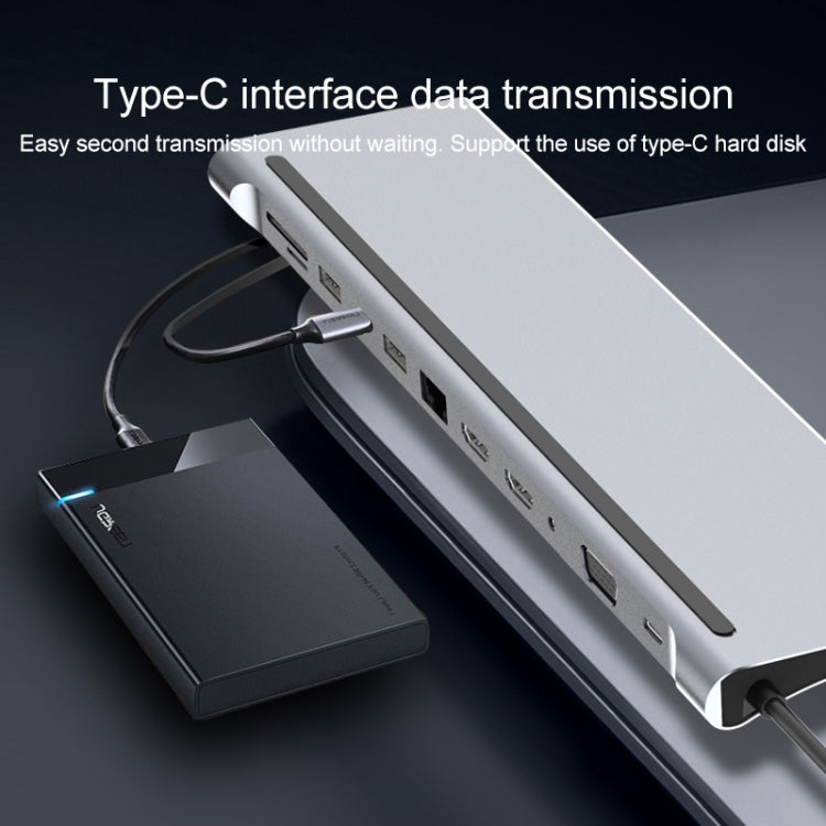 12 in 1 RJ45 + 87W PD + SD/TF + USB3.0x2 + HDMIx2 + VGA + 3.5mm AUX to Type-C HUB Adapter