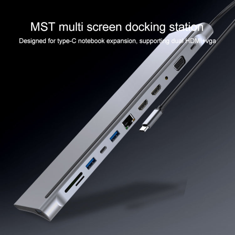 12 in 1 RJ45 + 87W PD + SD/TF + USB3.0x2 + HDMIx2 + VGA + 3.5mm AUX to Type-C HUB Adapter