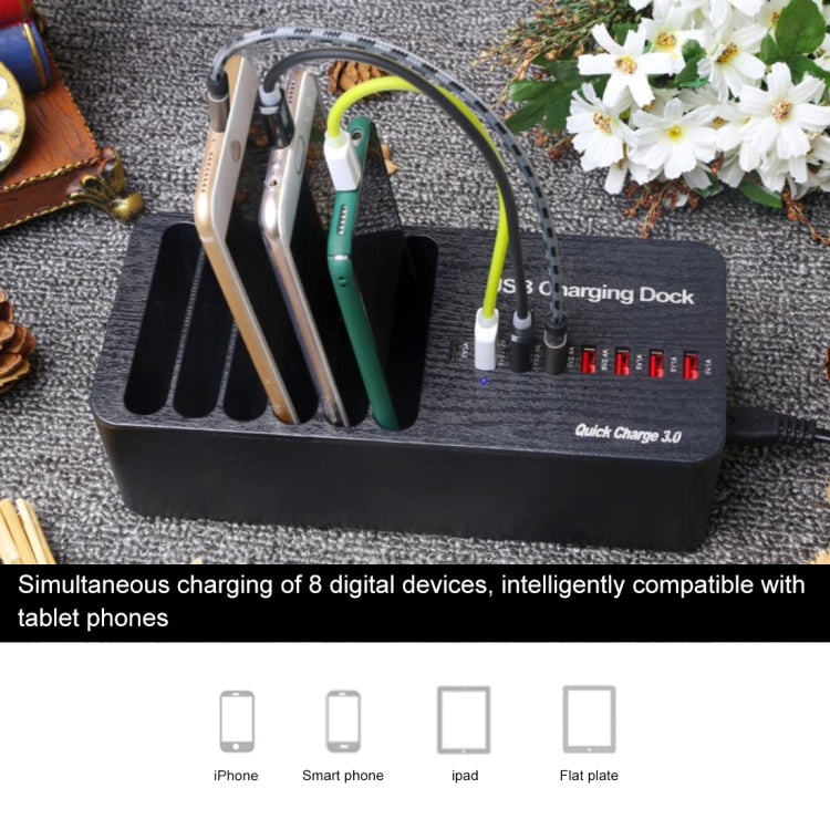 WLX-658L 40W 8 Ports USB Fast Charging Dock Smart Charger with 6 Phone Holder, US Plug (Black)