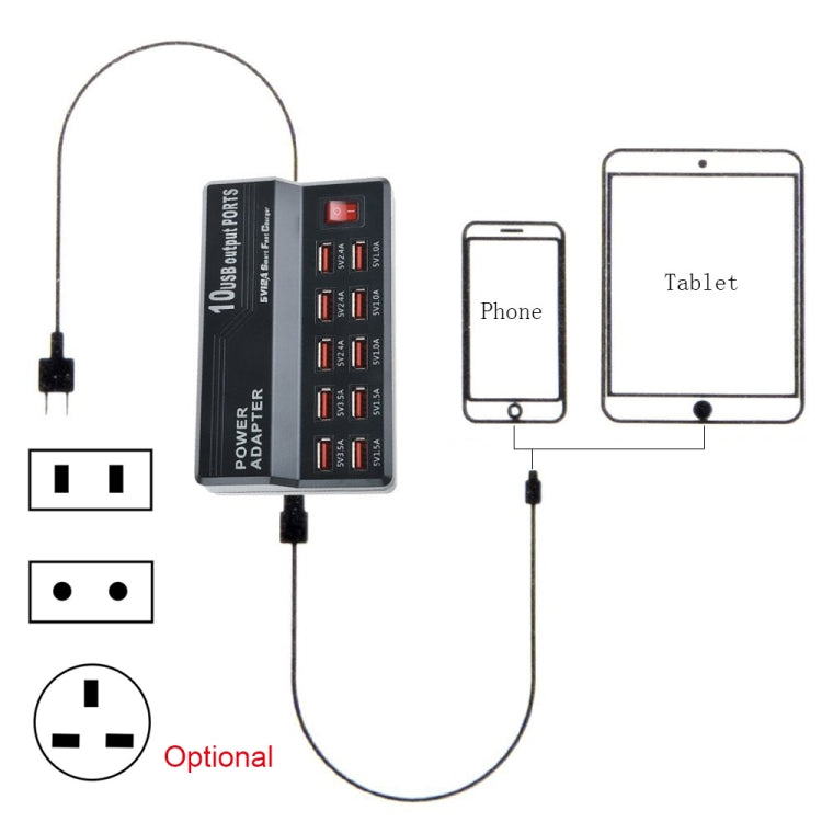 W-838 60W 10 Ports USB Fast Charging Dock Desktop Smart Charger AC100-240V, UK Plug