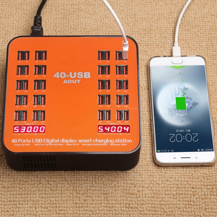 WLX-840 200W 40 Ports USB Digital Display Smart Charging Station AC100-240V, UK Plug (Black+Orange)