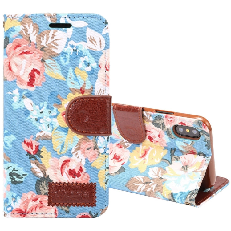 For iPhone X Dibase Flower Pattern Cloth Surface PU + TPU Horizontal Flip Leather Case with Holder & Card Slots(Blue)