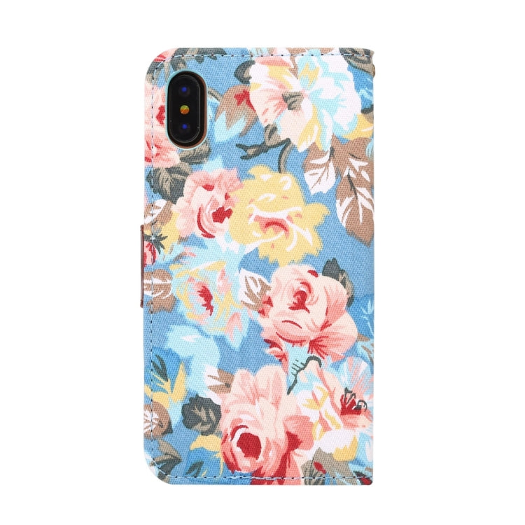 For iPhone X Dibase Flower Pattern Cloth Surface PU + TPU Horizontal Flip Leather Case with Holder & Card Slots(Blue)