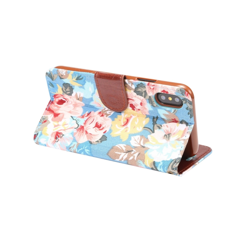For iPhone X Dibase Flower Pattern Cloth Surface PU + TPU Horizontal Flip Leather Case with Holder & Card Slots(Blue)