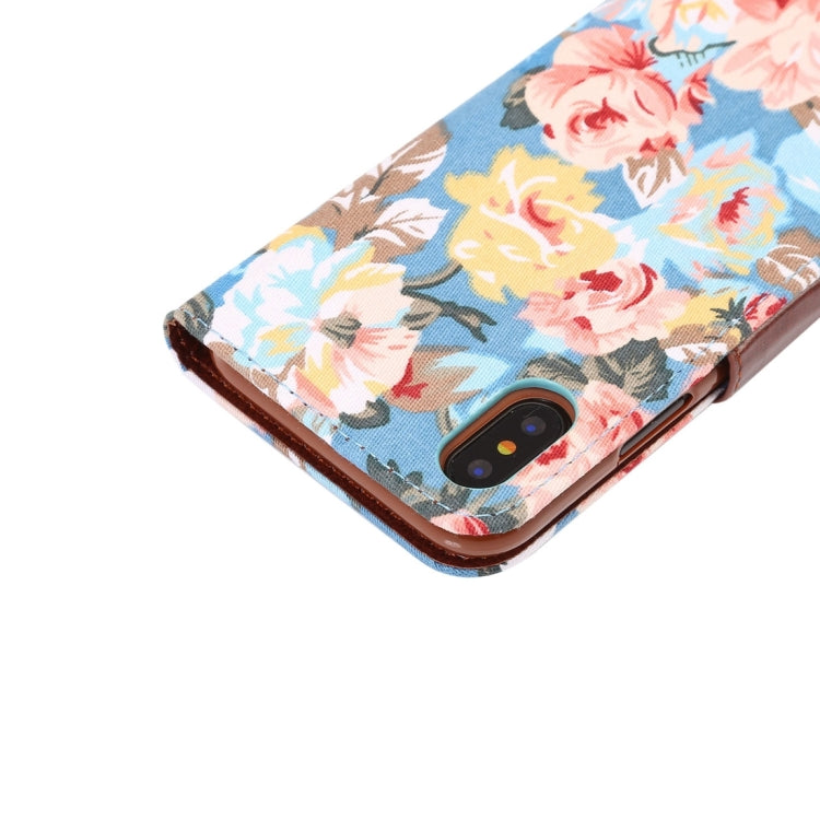 For iPhone X Dibase Flower Pattern Cloth Surface PU + TPU Horizontal Flip Leather Case with Holder & Card Slots(Blue)
