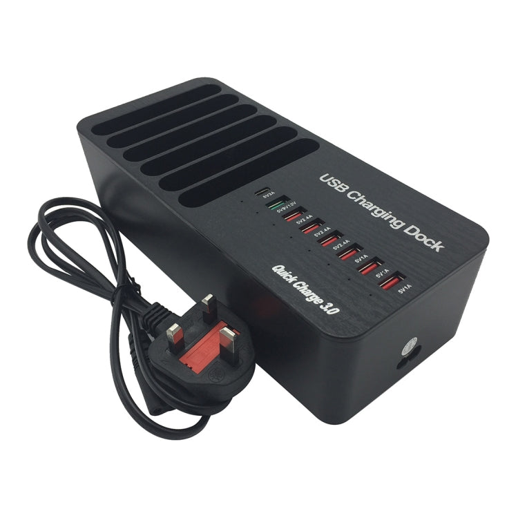 WLX-658L 40W 8 Ports USB Fast Charging Dock Smart Charger with 6 Phone Holder, UK Plug (Black)