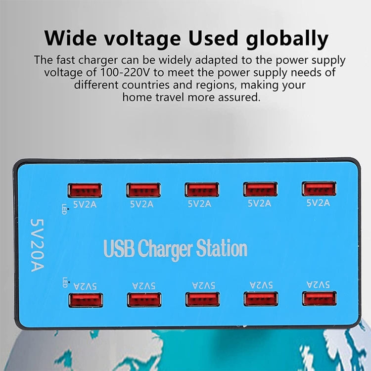 A5B 100W 10 Ports USB Smart Charging Station with Indicator Light AC100-240V