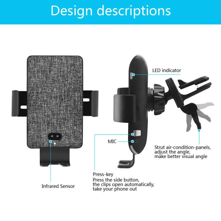 C13 10W Cloth Texture Car Wireless Charger for iPhone XR / XS Max / Galaxy S9+ / S9 / Huawei Mate 20 Pro and Other Qi-compatible Phone, Support Voice Control(Black)