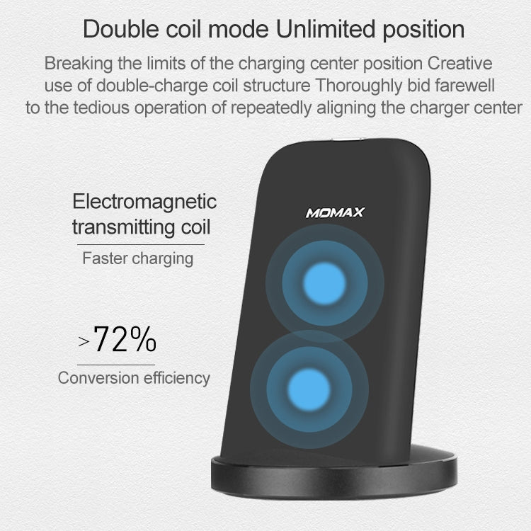Momax 10W Qi Standard Supportive Design Double Coil Mode Fast Charging Wireless Charger
