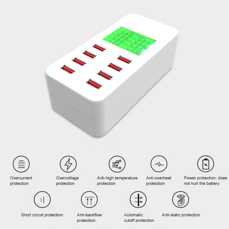 A8B 40W 8 Ports USB Smart Charging Station with Digital Display AC100-240V (White)