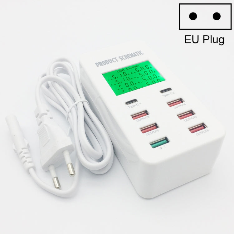 A8T 40W 8 Ports USB + QC3.0 + USB-C / Type-C Smart Charging Station with Digital Display AC100-240V, EU Plug