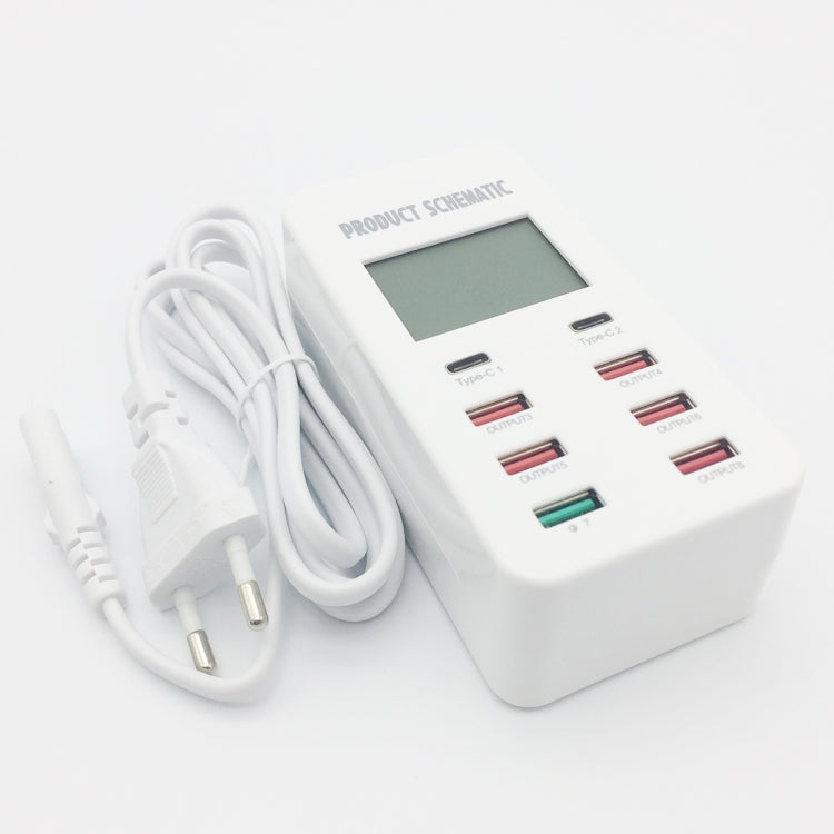 A8T 40W 8 Ports USB + QC3.0 + USB-C / Type-C Smart Charging Station with Digital Display AC100-240V, EU Plug