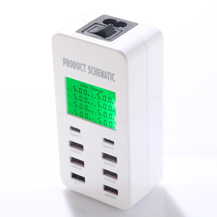 A8T 40W 8 Ports USB + QC3.0 + USB-C / Type-C Smart Charging Station with Digital Display AC100-240V, EU Plug