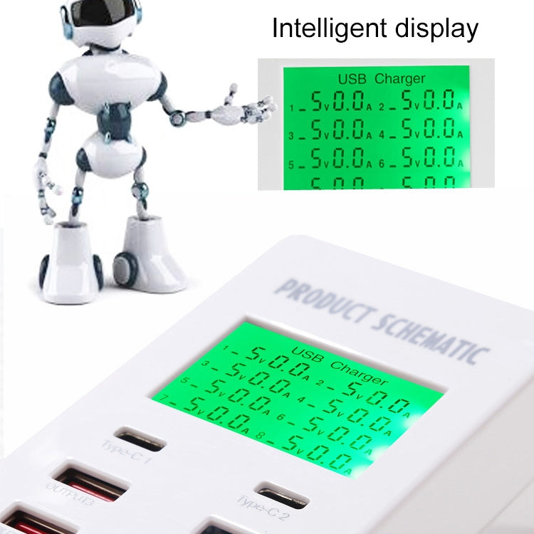 A8T 40W 8 Ports USB + QC3.0 + USB-C / Type-C Smart Charging Station with Digital Display AC100-240V, EU Plug