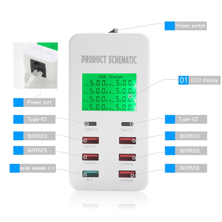 A8T 40W 8 Ports USB + QC3.0 + USB-C / Type-C Smart Charging Station with Digital Display AC100-240V, EU Plug