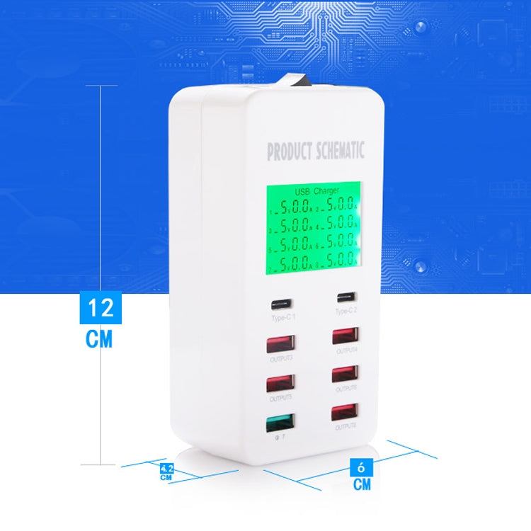 A8T 40W 8 Ports USB + QC3.0 + USB-C / Type-C Smart Charging Station with Digital Display AC100-240V, EU Plug