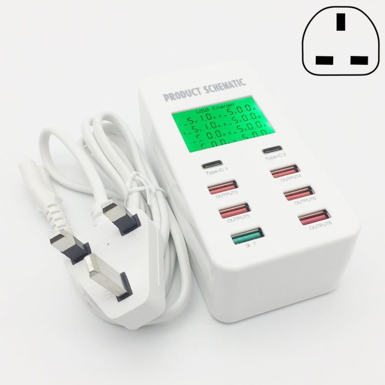 A8T 40W 8 Ports USB + QC3.0 + USB-C / Type-C Smart Charging Station with Digital Display AC100-240V, UK Plug