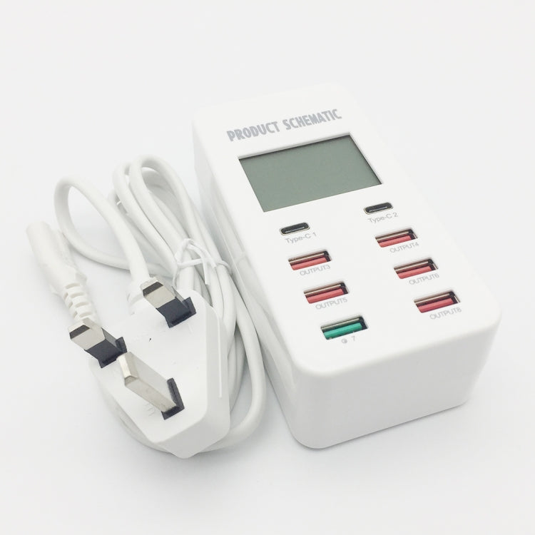 A8T 40W 8 Ports USB + QC3.0 + USB-C / Type-C Smart Charging Station with Digital Display AC100-240V, UK Plug