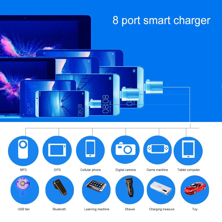 A8T 40W 8 Ports USB + QC3.0 + USB-C / Type-C Smart Charging Station with Digital Display AC100-240V, UK Plug