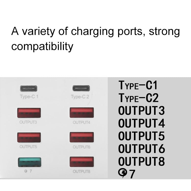 A8T 40W 8 Ports USB + QC3.0 + USB-C / Type-C Smart Charging Station with Digital Display AC100-240V, UK Plug