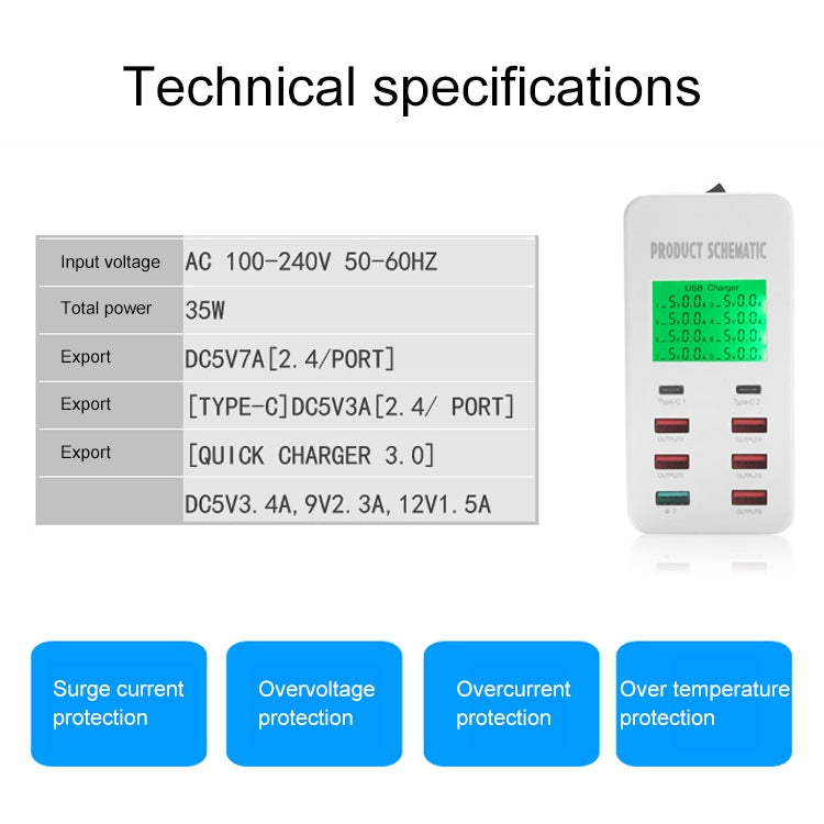 A8T 40W 8 Ports USB + QC3.0 + USB-C / Type-C Smart Charging Station with Digital Display AC100-240V, UK Plug