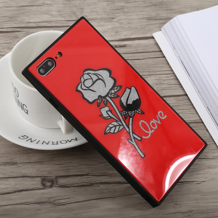 Glitter Rose Pattern Glass Case for iPhone 8 Plus & 7 Plus(Red)