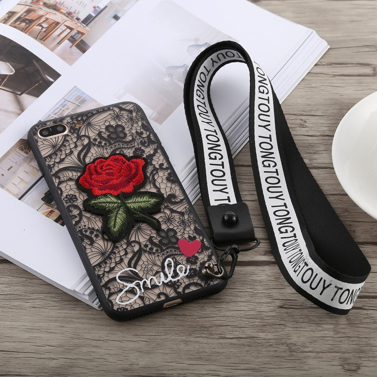 3D Embroidery  Rose Pattern PC Shockproof Protective Case for iPhone 8 Plus & 7 Plus, with Lanyard