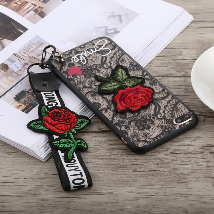 3D Embroidery  Rose Pattern PC Shockproof Protective Case for iPhone 8 Plus & 7 Plus, with Lanyard