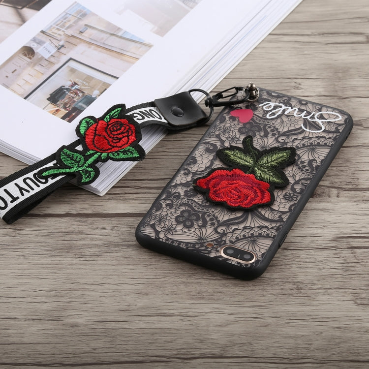 3D Embroidery  Rose Pattern PC Shockproof Protective Case for iPhone 8 Plus & 7 Plus, with Lanyard