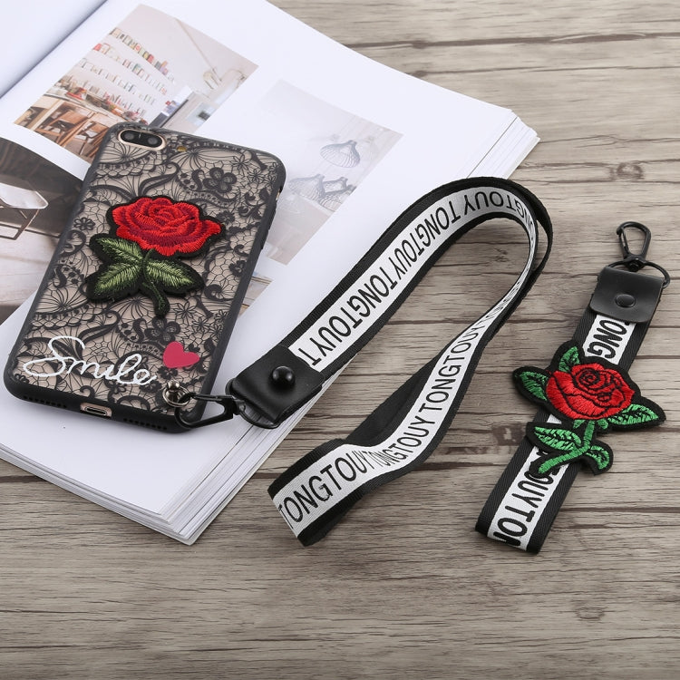 3D Embroidery  Rose Pattern PC Shockproof Protective Case for iPhone 8 Plus & 7 Plus, with Lanyard