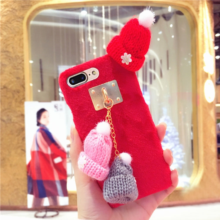 For iPhone 8 Plus & 7 Plus Christmas Series Handmade Christmas Wool Hat Plush Surface Protective Back Cover Case with Chain(Red)