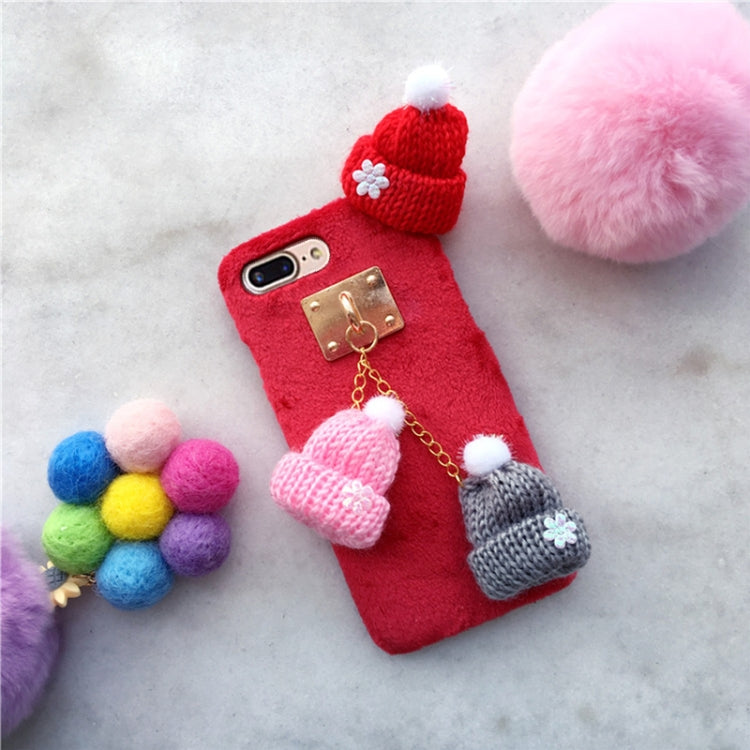 For iPhone 8 Plus & 7 Plus Christmas Series Handmade Christmas Wool Hat Plush Surface Protective Back Cover Case with Chain(Red)