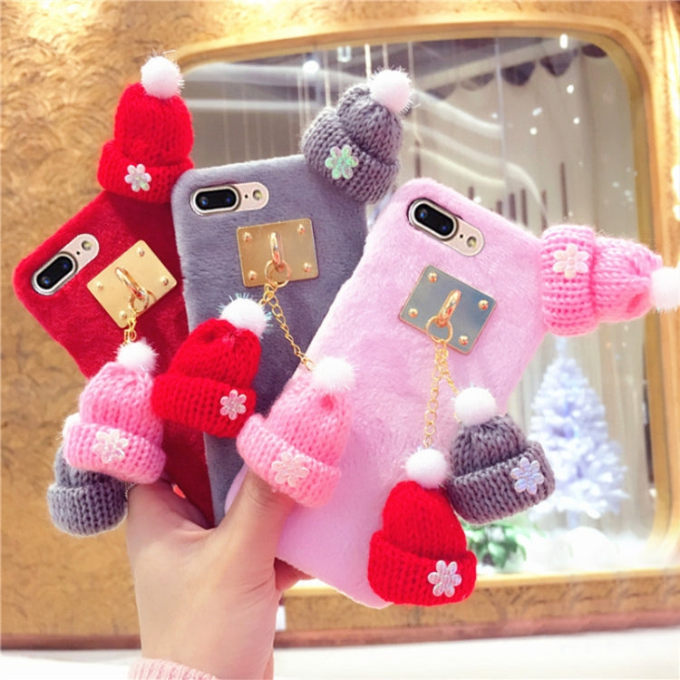 For iPhone 8 Plus & 7 Plus Christmas Series Handmade Christmas Wool Hat Plush Surface Protective Back Cover Case with Chain(Red)