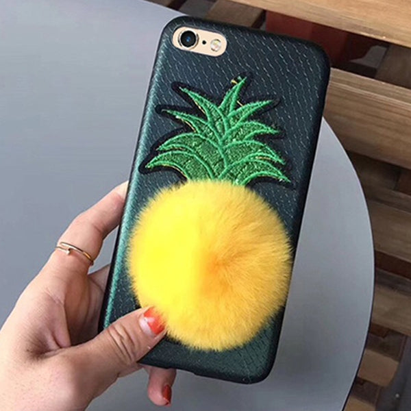 For iPhone 8 Plus & 7 Plus Embroidery Pineapple Pattern Drop-proof Protective Back Cover Case with Furry Ball